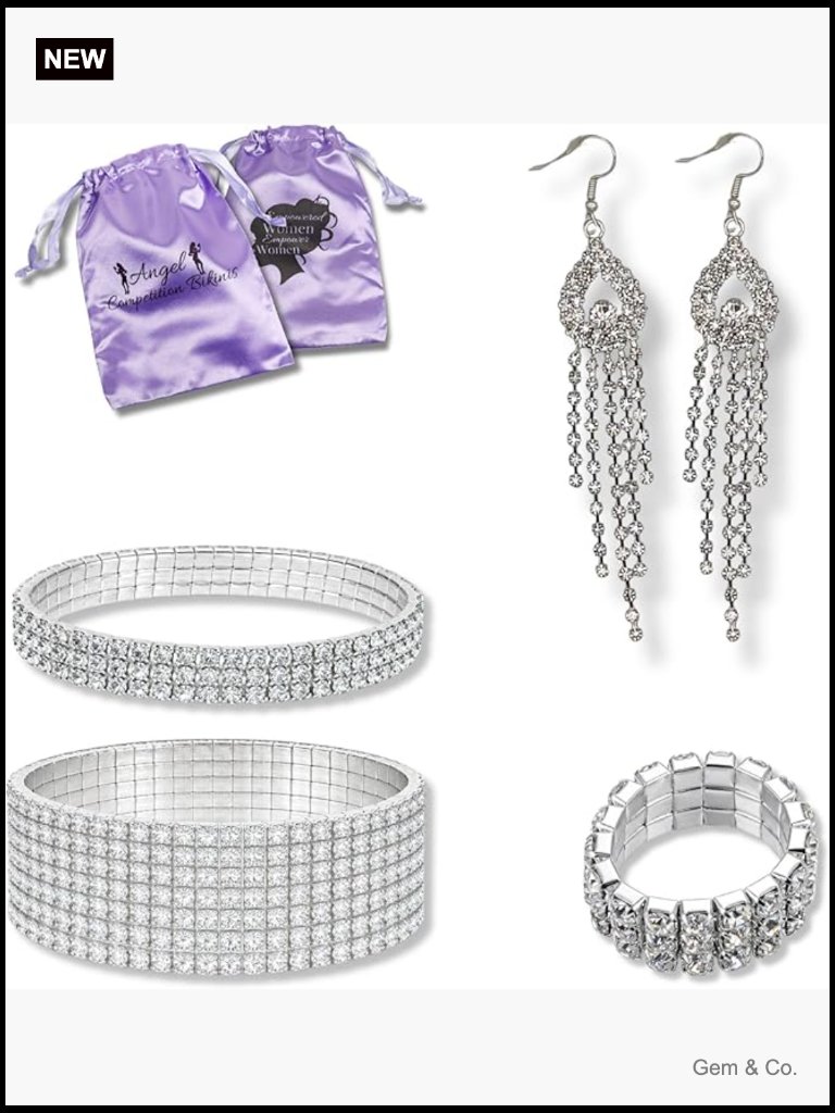 Pro Bodybuilding Competition Jewelry Set - Rhinestone Earrings, Bracelet & Ring